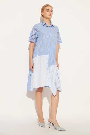 Linetribe_Blue Cotton Collared Neck Cyra Ruched Panelled Dress _at_Aza_Fashions