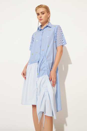Buy_Linetribe_Blue Cotton Collared Neck Cyra Ruched Panelled Dress 