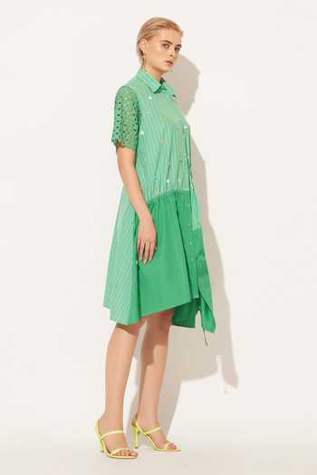 Linetribe_Green Cotton Collared Neck Cyra Ruched Panelled Dress _Online_at_Aza_Fashions