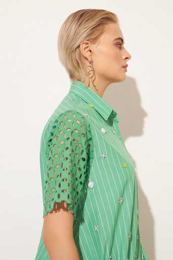 Buy_Linetribe_Green Cotton Collared Neck Cyra Ruched Panelled Dress _Online_at_Aza_Fashions