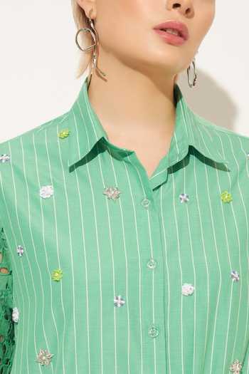 Shop_Linetribe_Green Cotton Collared Neck Cyra Ruched Panelled Dress _Online_at_Aza_Fashions
