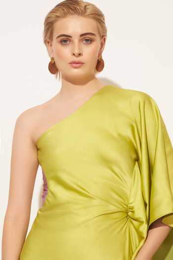 Linetribe Green Satin One Shoulder Aethera Gown Online at Aza Fashions Linetribe_Green Satin One Shoulder Aethera Gown _Online_at_Aza_Fashions