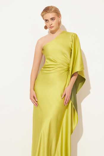 Buy Linetribe Green Satin One Shoulder Aethera Gown Online at Aza Fashions Buy_Linetribe_Green Satin One Shoulder Aethera Gown _Online_at_Aza_Fashions