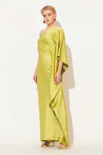 Shop Linetribe Green Satin One Shoulder Aethera Gown Online at Aza Fashions Shop_Linetribe_Green Satin One Shoulder Aethera Gown _Online_at_Aza_Fashions