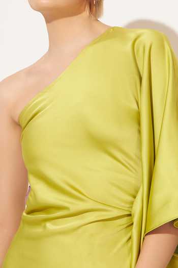 Linetribe Green Satin One Shoulder Aethera Gown at Aza Fashions Linetribe_Green Satin One Shoulder Aethera Gown _at_Aza_Fashions