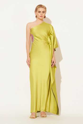 Buy Linetribe Green Satin One Shoulder Aethera Gown Buy_Linetribe_Green Satin One Shoulder Aethera Gown