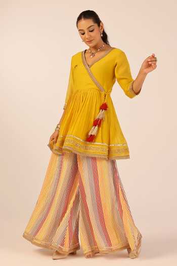 Palak & Mehak_Yellow Chanderi Gota Patti V-neck Short Pleated Angarkha Anarkali Set _Online_at_Aza_Fashions