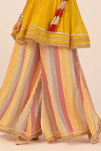 Palak & Mehak_Yellow Chanderi Gota Patti V-neck Short Pleated Angarkha Anarkali Set _at_Aza_Fashions