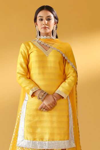 Buy_Palak & Mehak_Yellow Chanderi V-neck, Yes Banarasi Kurta Sharara Set _Online_at_Aza_Fashions