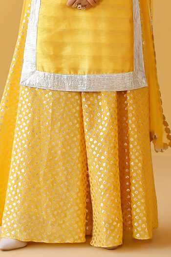 Shop_Palak & Mehak_Yellow Chanderi V-neck, Yes Banarasi Kurta Sharara Set _Online_at_Aza_Fashions