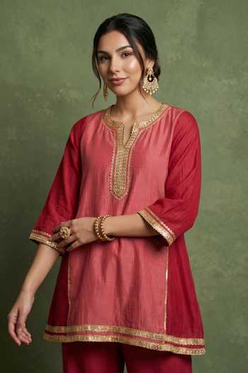 Shop_Priya Chaudhary_Red Chanderi Split V-neck Embellished Kurta With Salwar _Online_at_Aza_Fashions