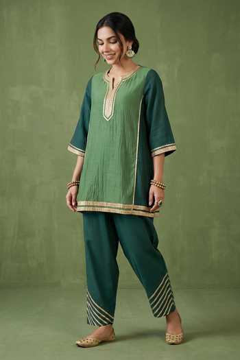 Shop_Priya Chaudhary_Green Chanderi Split V-neck Yoke Embellished Kurta And Salwar Set _Online_at_Aza_Fashions