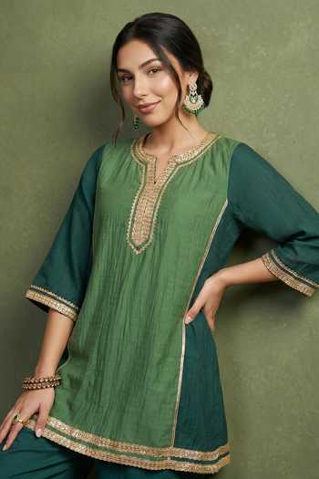 Priya Chaudhary_Green Chanderi Split V-neck Yoke Embellished Kurta And Salwar Set _at_Aza_Fashions