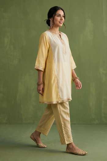 Priya Chaudhary_Yellow Chanderi Split V-neck Embellished Kurta And Salwar Set _Online_at_Aza_Fashions