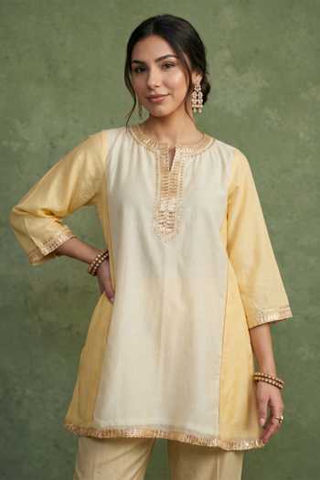 Shop_Priya Chaudhary_Yellow Chanderi Split V-neck Embellished Kurta And Salwar Set _Online_at_Aza_Fashions