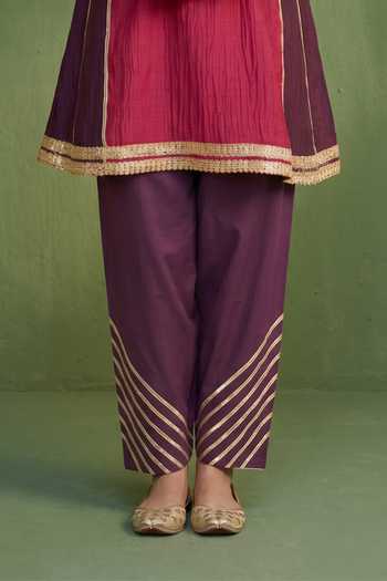 Priya Chaudhary_Purple Chanderi Round Neck Colorblock Kurta And Salwar Set _Online_at_Aza_Fashions