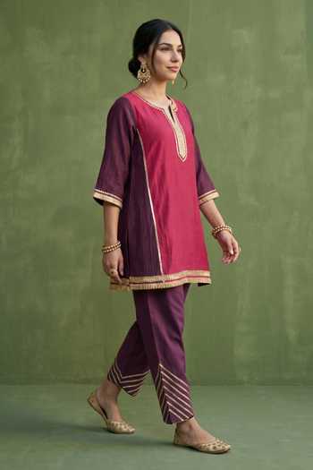 Buy_Priya Chaudhary_Purple Chanderi Round Neck Colorblock Kurta And Salwar Set _Online_at_Aza_Fashions