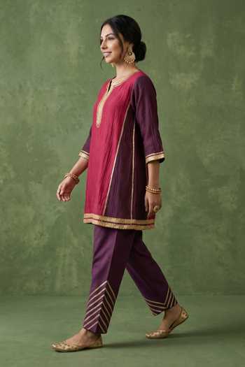 Shop_Priya Chaudhary_Purple Chanderi Round Neck Colorblock Kurta And Salwar Set _Online_at_Aza_Fashions