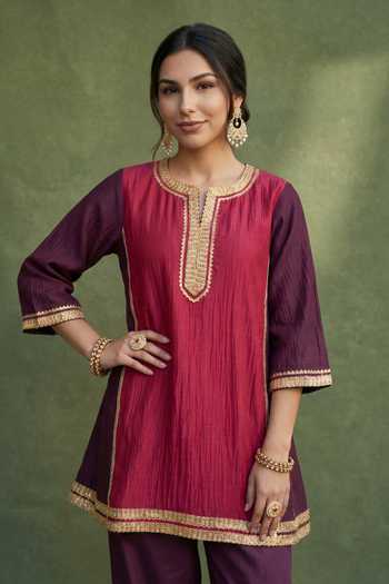 Priya Chaudhary_Purple Chanderi Round Neck Colorblock Kurta And Salwar Set _at_Aza_Fashions