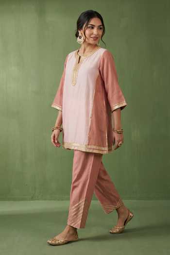 Shop_Priya Chaudhary_Peach Chanderi Round Neck Kurta And Salwar Set _Online_at_Aza_Fashions