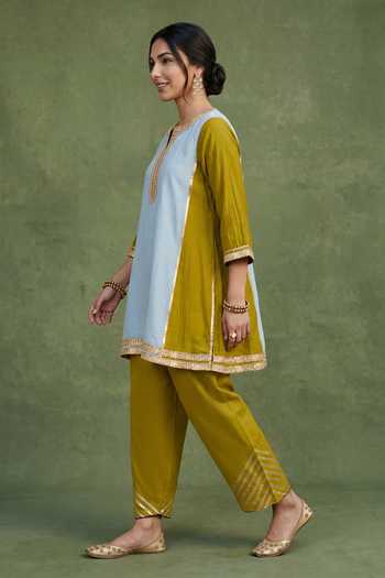 Buy_Priya Chaudhary_Blue Chanderi Round Neck, Yes Placket Embellished Kurta With Salwar _Online_at_Aza_Fashions