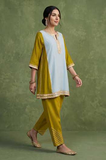 Shop_Priya Chaudhary_Blue Chanderi Round Neck, Yes Placket Embellished Kurta With Salwar _Online_at_Aza_Fashions