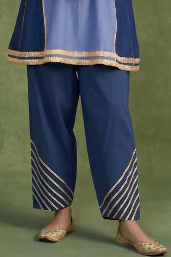 Buy_Priya Chaudhary_Blue Chanderi Split V-neck, Yes Embellished Kurta With Salwar _Online_at_Aza_Fashions