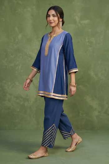 Shop_Priya Chaudhary_Blue Chanderi Split V-neck, Yes Embellished Kurta With Salwar _Online_at_Aza_Fashions