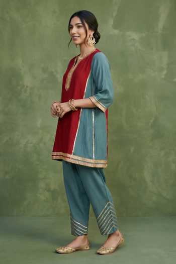 Buy_Priya Chaudhary_Red Chanderi Split V-neck Embellished Kurta And Salwar Set _Online_at_Aza_Fashions