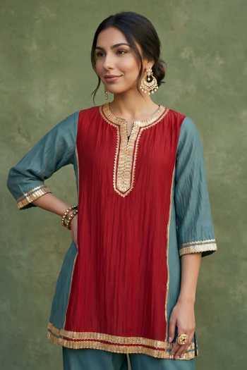 Priya Chaudhary_Red Chanderi Split V-neck Embellished Kurta And Salwar Set _at_Aza_Fashions