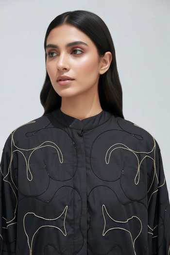 Studio Moda India Black Cotton Mandarin Collar Gilded Embroidered Shirt Online at Aza Fashions Studio Moda India_Black Cotton Mandarin Collar Gilded Embroidered Shirt _Online_at_Aza_Fashions