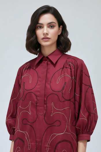 Studio Moda India Red Cotton Collared Neck Gilded Abstract Embroidered Dress Online at Aza Fashions Studio Moda India_Red Cotton Collared Neck Gilded Abstract Embroidered Dress _Online_at_Aza_Fashions
