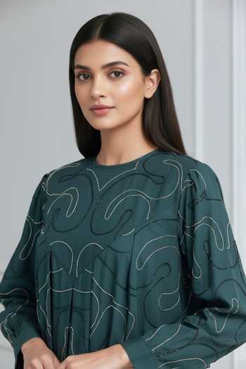 Studio Moda India_Green Cotton Round Neck Aureate Swirl Pattern Dress _Online_at_Aza_Fashions