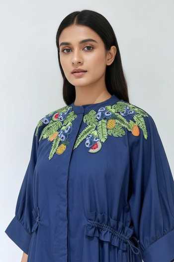 Studio Moda India Blue Cotton Mandarin Collar Eden Yoke Embroidered Dress Online at Aza Fashions Studio Moda India_Blue Cotton Mandarin Collar Eden Yoke Embroidered Dress _Online_at_Aza_Fashions