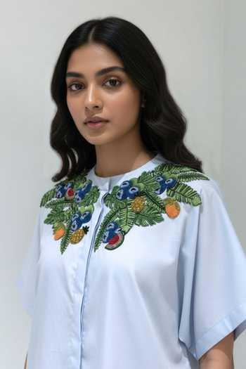 Studio Moda India Blue Cotton Mandarin Collar Eden Floral Embroidered Shirt Online at Aza Fashions Studio Moda India_Blue Cotton Mandarin Collar Eden Floral Embroidered Shirt _Online_at_Aza_Fashions