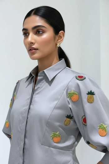 Studio Moda India Grey Cotton Collared Neck The Pomeline Embroidered Shirt Online at Aza Fashions Studio Moda India_Grey Cotton Collared Neck The Pomeline Embroidered Shirt _Online_at_Aza_Fashions
