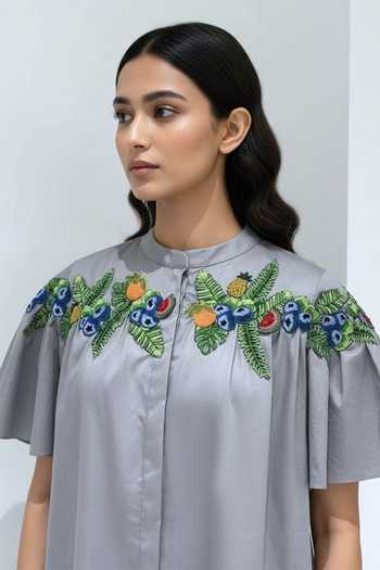 Studio Moda India Grey Cotton Mandarin Collar The Orchard Embroidered Dress Online at Aza Fashions Studio Moda India_Grey Cotton Mandarin Collar The Orchard Embroidered Dress _Online_at_Aza_Fashions