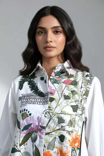 Studio Moda India White Cotton Collared Neck The Fern Print Shirt Online at Aza Fashions Studio Moda India_White Cotton Collared Neck The Fern Print Shirt _Online_at_Aza_Fashions