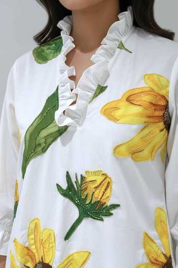 Studio Moda India White Cotton V-neck Beaded Fluer Sunflower Print Dress Online at Aza Fashions Studio Moda India_White Cotton V-neck Beaded Fluer Sunflower Print Dress _Online_at_Aza_Fashions