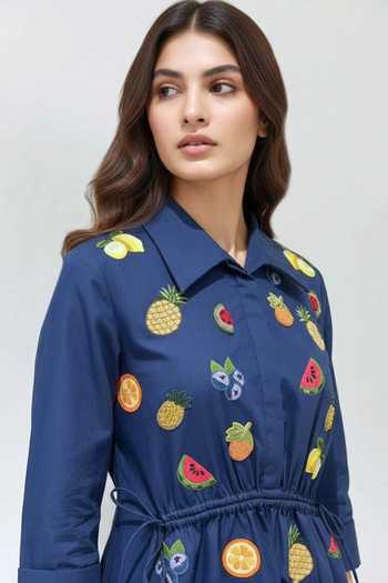 Studio Moda India Blue Cotton Collared Neck The Lush Elan Fruit Embroidered Dress Online at Aza Fashions Studio Moda India_Blue Cotton Collared Neck The Lush Elan Fruit Embroidered Dress _Online_at_Aza_Fashions
