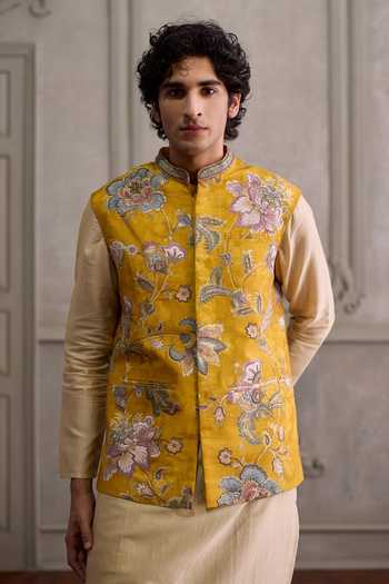 Kalista_Yellow Silk, Chanderi, Viscose Zivansh Printed Bundi And Kurta Set _at_Aza_Fashions