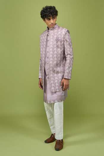 Shop Arihant Rai Sinha Lavender Silk, Dupion Patterned Sherwani Set With Kurta And Pant Shop_Arihant Rai Sinha_Lavender Silk, Dupion Patterned Sherwani Set With Kurta And Pant
