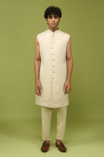 Shop Arihant Rai Sinha Green Silk, Dupion Mens Sherwani Set With Kurta And Pant Online at Aza Fashions Shop_Arihant Rai Sinha_Green Silk, Dupion Mens Sherwani Set With Kurta And Pant _Online_at_Aza_Fashions