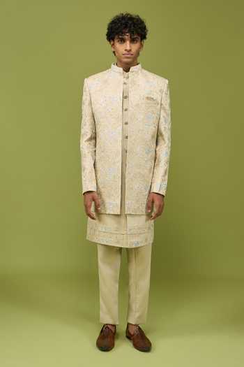Arihant Rai Sinha Green Silk, Dupion Mens Sherwani Set With Kurta And Pant at Aza Fashions Arihant Rai Sinha_Green Silk, Dupion Mens Sherwani Set With Kurta And Pant _at_Aza_Fashions