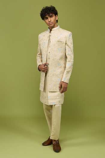 Shop Arihant Rai Sinha Green Silk, Dupion Mens Sherwani Set With Kurta And Pant Shop_Arihant Rai Sinha_Green Silk, Dupion Mens Sherwani Set With Kurta And Pant