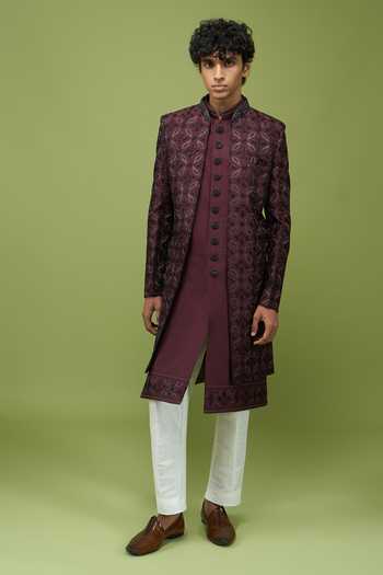 Buy Arihant Rai Sinha Wine Silk, Dupion Mens Embroidered Sherwani Kurta And Pant Set Online at Aza Fashions Buy_Arihant Rai Sinha_Wine Silk, Dupion Mens Embroidered Sherwani Kurta And Pant Set _Online_at_Aza_Fashions