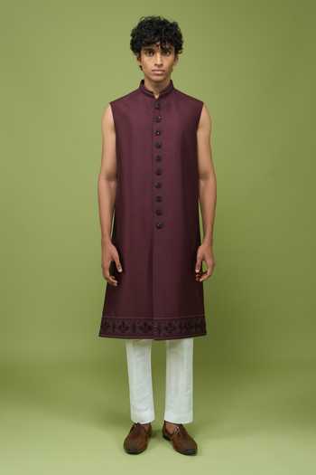Shop Arihant Rai Sinha Wine Silk, Dupion Mens Embroidered Sherwani Kurta And Pant Set Online at Aza Fashions Shop_Arihant Rai Sinha_Wine Silk, Dupion Mens Embroidered Sherwani Kurta And Pant Set _Online_at_Aza_Fashions