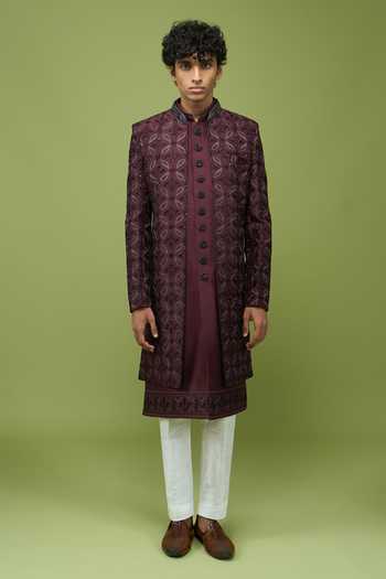 Arihant Rai Sinha Wine Silk, Dupion Mens Embroidered Sherwani Kurta And Pant Set at Aza Fashions Arihant Rai Sinha_Wine Silk, Dupion Mens Embroidered Sherwani Kurta And Pant Set _at_Aza_Fashions
