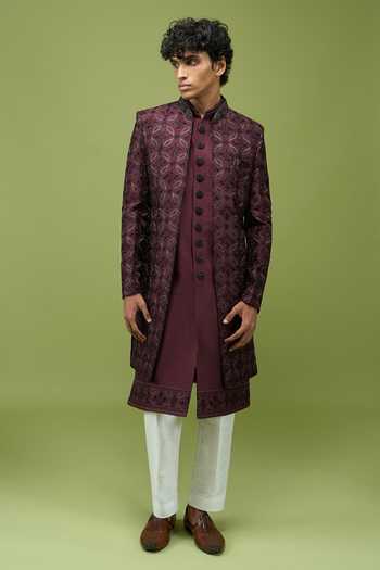Buy Arihant Rai Sinha Wine Silk, Dupion Mens Embroidered Sherwani Kurta And Pant Set Buy_Arihant Rai Sinha_Wine Silk, Dupion Mens Embroidered Sherwani Kurta And Pant Set