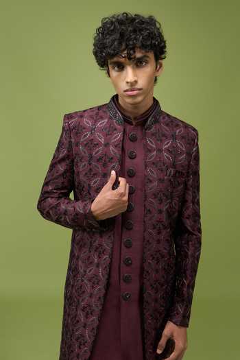 Shop Arihant Rai Sinha Wine Silk, Dupion Mens Embroidered Sherwani Kurta And Pant Set Shop_Arihant Rai Sinha_Wine Silk, Dupion Mens Embroidered Sherwani Kurta And Pant Set